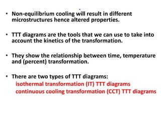 .
• Non-equilibrium cooling will result in different
microstructures hence altered properties.
• TTT diagrams are the tools that we can use to take into
account the kinetics of the transformation.
• They show the relationship between time, temperature
and (percent) transformation.
• There are two types of TTT diagrams:
isothermal transformation (IT) TTT diagrams
continuous cooling transformation (CCT) TTT diagrams
 