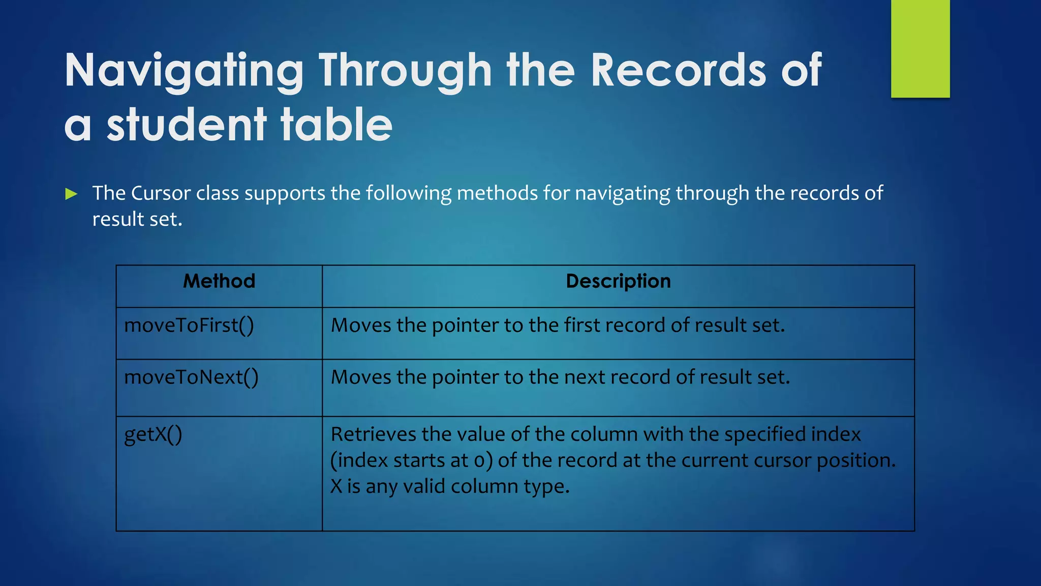 Navigating Through the Records of
a student table
► The Cursor class supports the following methods for navigating through the records of
result set.
Method Description
moveToFirst() Moves the pointer to the first record of result set.
moveToNext() Moves the pointer to the next record of result set.
getX() Retrieves the value of the column with the specified index
(index starts at 0) of the record at the current cursor position.
X is any valid column type.
 