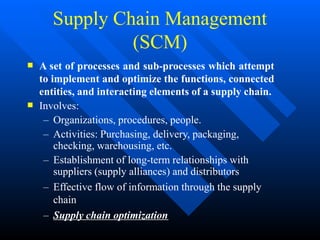 Supply Chain Management
(SCM)


A set of processes and sub-processes which attempt
to implement and optimize the functions, connected
entities, and interacting elements of a supply chain.
Involves:
– Organizations, procedures, people.
– Activities: Purchasing, delivery, packaging,
checking, warehousing, etc.
– Establishment of long-term relationships with
suppliers (supply alliances) and distributors
– Effective flow of information through the supply
chain
– Supply chain optimization
 