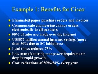 Example 1: Benefits for Cisco
 Eliminated paper purchase orders and invoices
 Communicate engineering change orders
electronically to all partners
 90% of sales are made over the internet
 US$875 million annual internet savings (more
than 50% due to SC initiatives)
 Lead times reduced 75%
 Low manufacturing manpower requirements
despite rapid growth
 Cost reductions of 20%-28% every year.
 