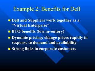 Example 2: Benefits for Dell
 Dell and Suppliers work together as a
“Virtual Enterprise”
 BTO benefits (low inventory)
 Dynamic pricing: change prices rapidly in
response to demand and availability
 Strong links to corporate customers
 