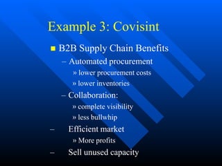 Example 3: Covisint
 B2B Supply Chain Benefits
– Automated procurement
» lower procurement costs
» lower inventories
– Collaboration:
» complete visibility
» less bullwhip
– Efficient market
» More profits
– Sell unused capacity
 