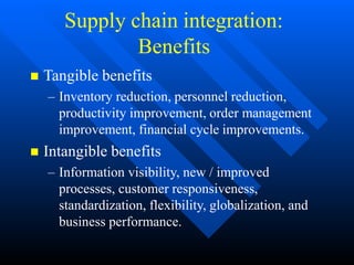Supply chain integration:
Benefits
 Tangible benefits
– Inventory reduction, personnel reduction,
productivity improvement, order management
improvement, financial cycle improvements.
 Intangible benefits
– Information visibility, new / improved
processes, customer responsiveness,
standardization, flexibility, globalization, and
business performance.
 