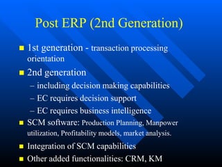 Post ERP (2nd Generation)
 1st generation - transaction processing
orientation
 2nd generation
– including decision making capabilities
– EC requires decision support
– EC requires business intelligence
 SCM software: Production Planning, Manpower
utilization, Profitability models, market analysis.
 Integration of SCM capabilities
 Other added functionalities: CRM, KM
 