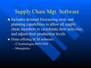 Supply Chain Mgt. Software
 Includes demand forecasting tools and
planning capabilities to allow all supply
chain members to coordinate their activities
and adjust their production levels
 Firms offering SCM software:
– i2 Technologies RHYTHM
– Manugistics
 