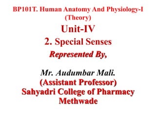 BP101T. Human Anatomy And Physiology-I
(Theory)
Unit-IV
2. Special Senses
Represented By,
Mr. Audumbar Mali.
(Assistant Professor)
Sahyadri College of Pharmacy
Methwade
 