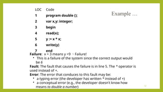 12
LOC Code
1 program double ();
2 var x,y: integer;
3 begin
4 read(x);
5 y := x * x;
6 write(y)
7 end
Failure: x = 3 means y =9 Failure!
• This is a failure of the system since the correct output would
be 6
Fault: The fault that causes the failure is in line 5. The * operator is
used instead of +.
Error: The error that conduces to this fault may be:
• a typing error (the developer has written * instead of +)
• a conceptual error (e.g., the developer doesn't know how
means to double a number)
Example …
 