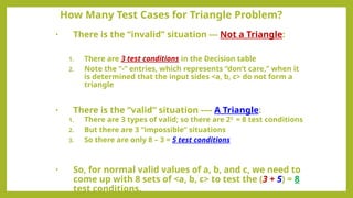 • There is the “invalid” situation --- Not a Triangle:
1. There are 3 test conditions in the Decision table
2. Note the “-” entries, which represents “don’t care,” when it
is determined that the input sides <a, b, c> do not form a
triangle
• There is the “valid” situation ---- A Triangle:
1. There are 3 types of valid; so there are 23
= 8 test conditions
2. But there are 3 “impossible” situations
3. So there are only 8 – 3 = 5 test conditions
• So, for normal valid values of a, b, and c, we need to
come up with 8 sets of <a, b, c> to test the (3 + 5) = 8
test conditions.
How Many Test Cases for Triangle Problem?
 