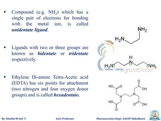 By: Khalifa M Asif Y Asst. Professor Pharmaceutics Dept. AACOP Akkalkuwa
 Compound (e.g. NH2) which has a
single pair of electrons for bonding
with the metal ion, is called
unidentate ligand.
 Ligands with two or three groups are
known as bidentate or tridentate
respectively.
 Ethylene Di-amine Tetra-Acetic acid
(EDTA) has six points for attachment
(two nitrogen and four oxygen donor
groups) and is called hexadentate.
 