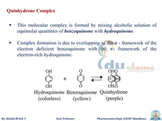 By: Khalifa M Asif Y Asst. Professor Pharmaceutics Dept. AACOP Akkalkuwa
Quinhydrone Complex
 This molecular complex is formed by mixing alcoholic solution of
equimolar quantities of benzoquinone with hydroquinone.
 Complex formation is due to overlapping of the 𝜋 - framework of the
electron deficient benzoquinone with the 𝜋- framework of the
electron-rich hydroquinone.
 