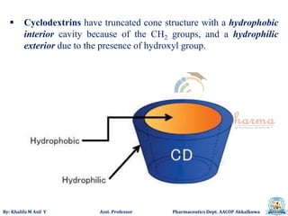 By: Khalifa M Asif Y Asst. Professor Pharmaceutics Dept. AACOP Akkalkuwa
 Cyclodextrins have truncated cone structure with a hydrophobic
interior cavity because of the CH2 groups, and a hydrophilic
exterior due to the presence of hydroxyl group.
 