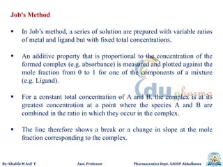 By: Khalifa M Asif Y Asst. Professor Pharmaceutics Dept. AACOP Akkalkuwa
Job's Method
 In Job’s method, a series of solution are prepared with variable ratios
of metal and ligand but with fixed total concentrations.
 An additive property that is proportional to the concentration of the
formed complex (e.g. absorbance) is measured and plotted against the
mole fraction from 0 to 1 for one of the components of a mixture
(e.g. Ligand).
 For a constant total concentration of A and B, the complex is at its
greatest concentration at a point where the species A and B are
combined in the ratio in which they occur in the complex.
 The line therefore shows a break or a change in slope at the mole
fraction corresponding to the complex.
 