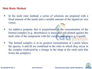 By: Khalifa M Asif Y Asst. Professor Pharmaceutics Dept. AACOP Akkalkuwa
Mole Ratio Method
 In the mole ratio method, a series of solutions are prepared with a
fixed amount of the metal and a variable amount of the ligand (or vice
versa).
 An additive property that is proportional to the concentration of the
formed complex (e.g. absorbance) is measured and plotted against the
mole ratio of the component with the variable amounts (e.g. Ligand).
 The formed complex is at its greatest concentration at a point where
the species A and M are combined in the ratio in which they occur in
the complex (indicated by a change in the slope at the mole ratio that
forms the complex).
 