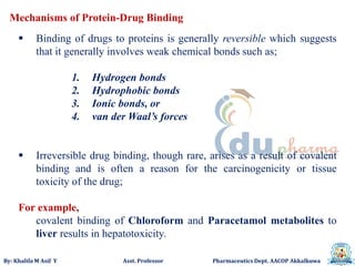 By: Khalifa M Asif Y Asst. Professor Pharmaceutics Dept. AACOP Akkalkuwa
 Binding of drugs to proteins is generally reversible which suggests
that it generally involves weak chemical bonds such as;
1. Hydrogen bonds
2. Hydrophobic bonds
3. Ionic bonds, or
4. van der Waal’s forces
 Irreversible drug binding, though rare, arises as a result of covalent
binding and is often a reason for the carcinogenicity or tissue
toxicity of the drug;
For example,
covalent binding of Chloroform and Paracetamol metabolites to
liver results in hepatotoxicity.
Mechanisms of Protein-Drug Binding
 