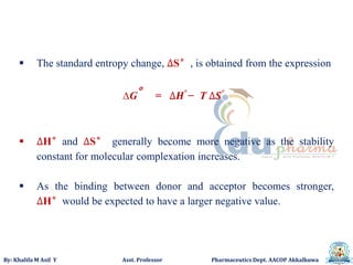 By: Khalifa M Asif Y Asst. Professor Pharmaceutics Dept. AACOP Akkalkuwa
 The standard entropy change, ∆S°, is obtained from the expression
∆G° = ∆𝑯°
− T ∆𝑺°
 ∆H°and ∆S° generally become more negative as the stability
constant for molecular complexation increases.
 As the binding between donor and acceptor becomes stronger,
∆H°would be expected to have a larger negative value.
 