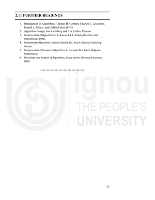 23
2.11 FURTHER READINGS
1. Introduction to Algorithms. Thomas H. Cormen, Charles E. Leiserson,
Ronald L. Rivest, and Clifford Stein (PHI)
2. Algorithm Design, Jon Kleinberg and Eva Tardos, Pearson
3. Fundamentals of Algorithmics, G. Brassard & P. Brately: (Prentice-Hall
International, 1996).
4. Fundamental Algorithms (Second Edition), D.E. Knuth: (Narosa Publishing
House).
5. Fundamentals of Computer Algorithms, E. Horowitz & S. Sahni: (Galgotia
Publications).
6. The Design and Analysis of Algorithms, Anany Levitin: (Pearson Education,
2003).
**********************************
 