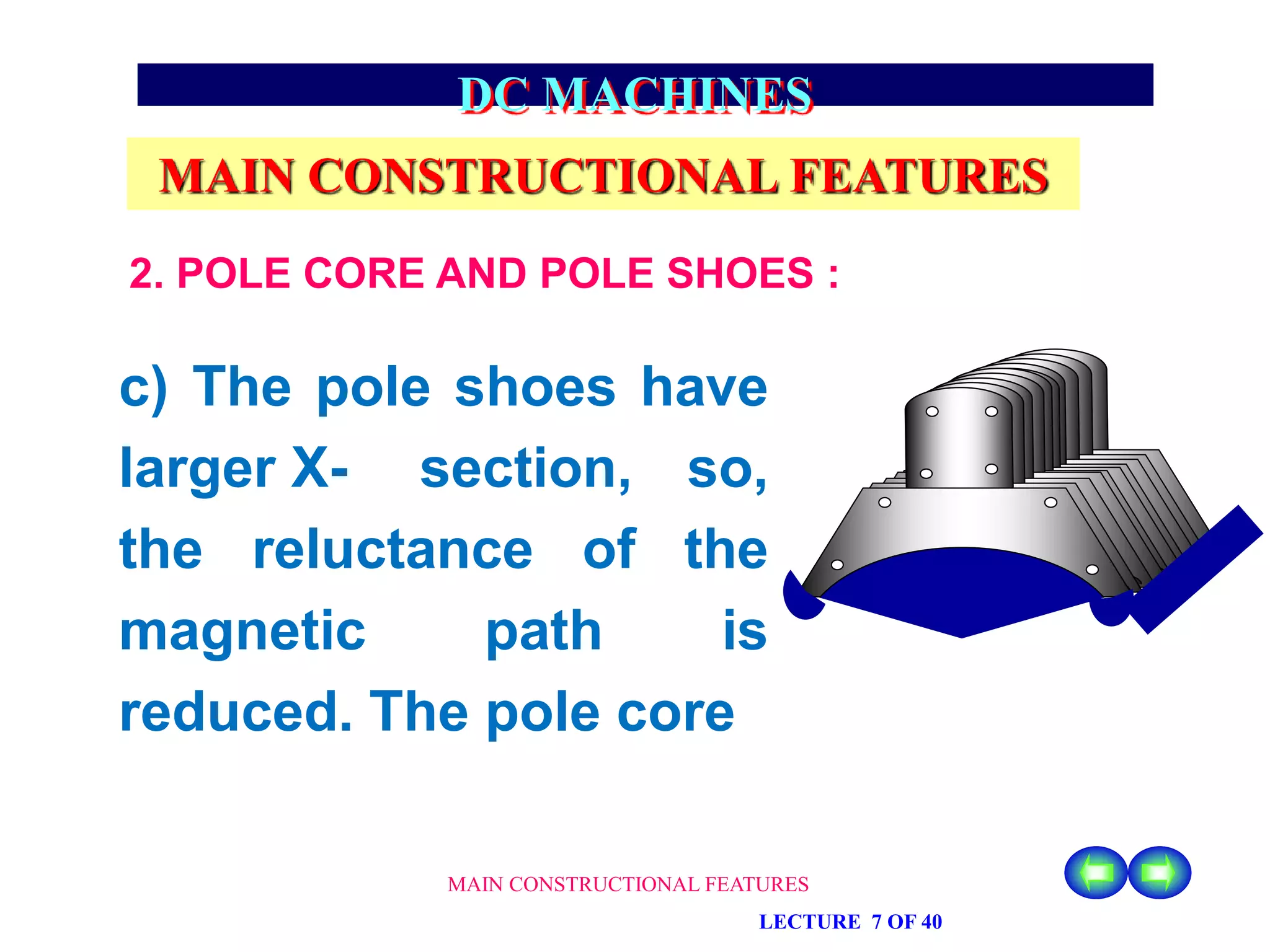 MAIN CONSTRUCTIONAL FEATURES
LECTURE 7 OF 40
DC MACHINES
MAIN CONSTRUCTIONAL FEATURES
c) The pole shoes have
larger X- section, so,
the reluctance of the
magnetic path is
reduced. The pole core
2. POLE CORE AND POLE SHOES :
 