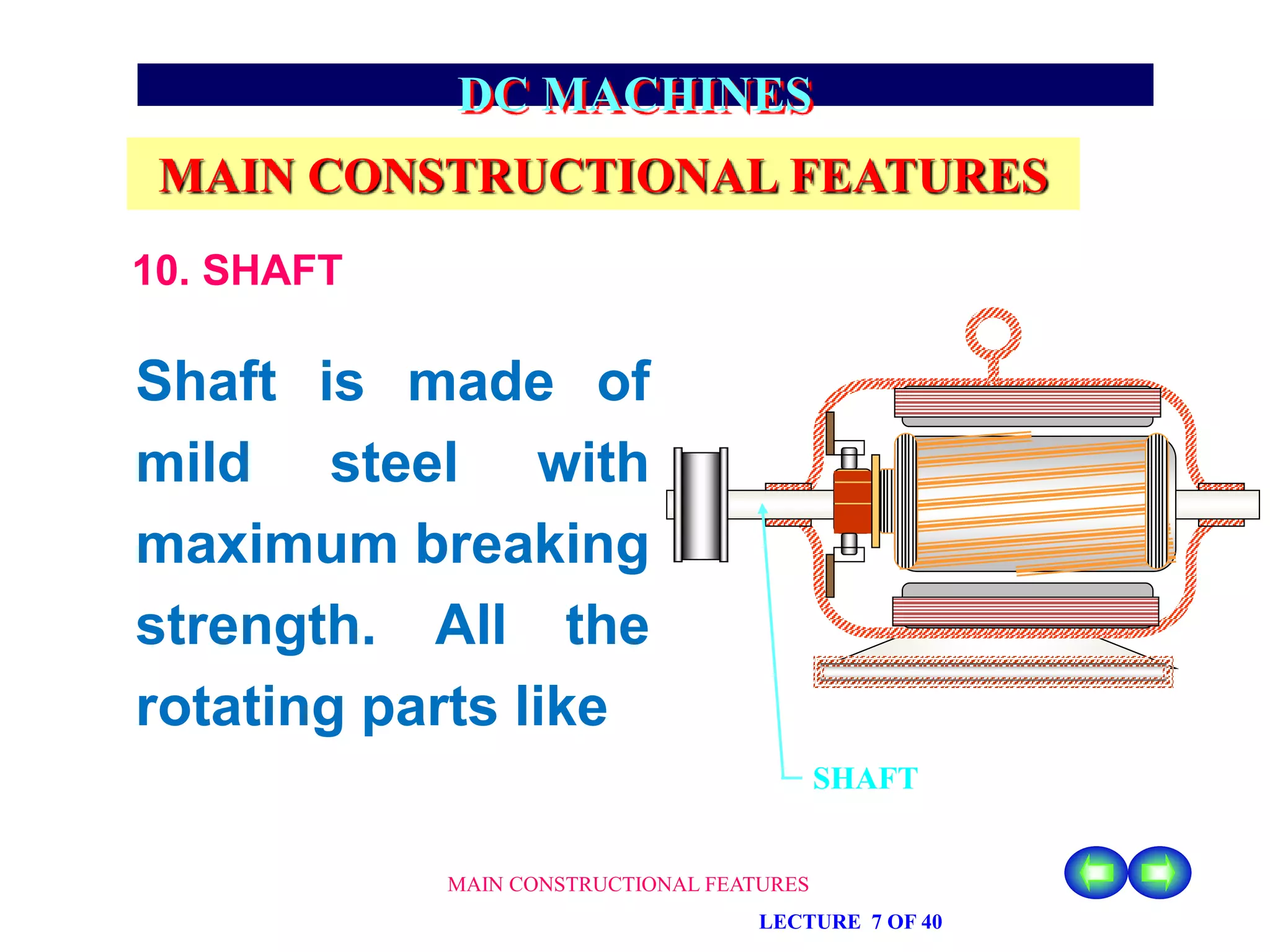 MAIN CONSTRUCTIONAL FEATURES
LECTURE 7 OF 40
DC MACHINES
MAIN CONSTRUCTIONAL FEATURES
Shaft is made of
mild steel with
maximum breaking
strength. All the
rotating parts like
SHAFT
10. SHAFT
 