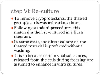 step VI: Re-culture
⚫To remove cryoprotectants, the thawed
germplasm is washed various times.
⚫Following standard procedures, this
material is then re-cultured in a fresh
medium.
⚫In some cases, the direct culture of the
thawed material is preferred without
washing.
⚫ It is so because certain vital substances,
released from the cells during freezing, are
assumed to enhance in vitro cultures.
 