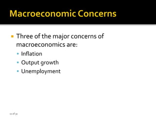 11 of 31
 Three of the major concerns of
macroeconomics are:
 Inflation
 Output growth
 Unemployment
 