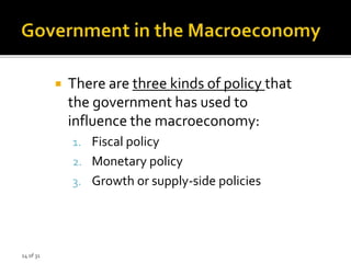 14 of 31
 There are three kinds of policy that
the government has used to
influence the macroeconomy:
1. Fiscal policy
2. Monetary policy
3. Growth or supply-side policies
 