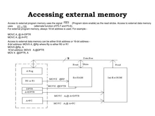 Accessing external memory
Access to external program memory uses the signal (Program store enable) as the read strobe. Access to external data memory
uses (alternate function of P3.7 and P3.6).
For external program memory, always 16 bit address is used. For example -
MOVC A, @ A+DPTR
MOVC A, @ A+PC
Access to external data memory can be either 8-bit address or 16-bit address -
8-bit address- MOVX A, @Rp where Rp is either R0 or R1
MOVX @Rp, A
16 bit address- MOVX A,@DPTR
MOV X @DPTR, A
 