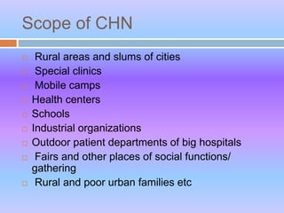 Scope of CHN
 Rural areas and slums of cities
 Special clinics
 Mobile camps
 Health centers
 Schools
 Industrial organizations
 Outdoor patient departments of big hospitals
 Fairs and other places of social functions/
gathering
 Rural and poor urban families etc
 