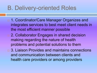 B. Delivery-oriented Roles
 1. Coordinator/Care Manager Organizes and
integrates services to best meet client needs in
the most efficient manner possible
 2. Collaborator Engages in shared decision
making regarding the nature of health
problems and potential solutions to them
 3. Liaison Provides and maintains connections
and communication between clients and
health care providers or among providers
 