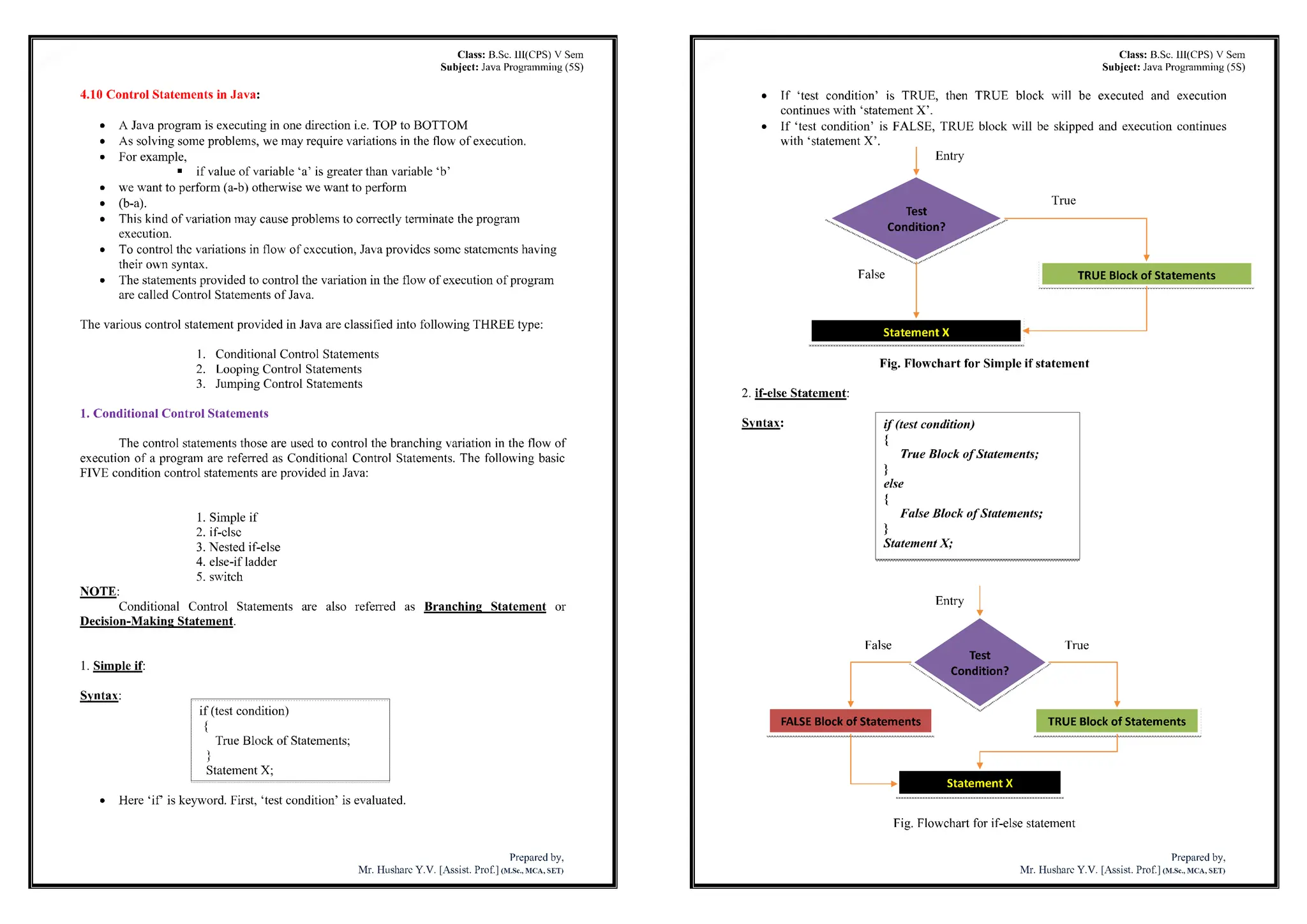 Class: B.Sc. III(CPS) V Sem
Subject: Java Programming (5S)
4.10 Control Statements in Java:
• A Java program is executing in one direction i.e. TOP to BOTTOM
• As solving some problems, we may require variations in the flow of execution.
• For example,
ÿ
if value of variable 'a' is greater than variable 'b'
• we want to perform (a-b) otherwise we want to perform
• (b-a).
• This kind of variation may cause problems to correctly terminate the program
execution.
• To control the variations in flow of execution, Java provides some statements having
their own syntax.
• The statements provided to control the variation inthe flow of execution ofprogram
are called Control Statements of Java.
The various control statement provided inJava are classified into following THREE type:
1. Conditional Control Statements
2. Looping Control Statements
3. Jumping Control Statements
1. Conditional Control Statements
The control statements those are used to control the branching variation in the flow of
execution of a program are referred as Conditional Control Statements. The following basic
FIVE condition control statements are provided inJava:
1. Simple if
2. if-elsc
3. Nestedif-else
4. else-if ladder
5. switch
NOTE:
Conditional Control Statements are also referred as Branching Statement or
Decision-Making Statement.
1. Simnle if:
Syntax:
if (test condition)
{
True Block of Statements;
1
Statement X;
Here 'if is keyword. First, 'test condition' is evaluated.
Preparedby,
Mr. Husharc Y.V. [Assist. Prof.](M.sc., mca,set)
Class: B.Sc. llt(CPS) V Sem
Subject: Java Programming(5S)
If 'test condition' is TRUE, then TRUE block will be executed and execution
continues with 'statement X'.
If 'test condition' is FALSE, TRUE block will be skipped and execution continues
with 'statement X'.
Entry
True
Test
Condition?
False TRUE Block of Statements
Statement X
Fig. Flowchart for Simple if statement
2. if-else Statement:
Syntax:
if(test condition)
{
True Block ofStatements;
}
else
{
FalseBlock ofStatements;
}
StatementX;
Entry
False
FALSE Block of Statements
Test
Condition?
TRUE Block of Statements
Statement X
Fig. Flowchart for if-else statement
Preparedby,
Mr. Husharc Y.V. [Assist. Prof.](M.sc., mca,set)
 