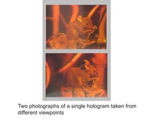 Two photographs of a single hologram taken from
different viewpoints
 
