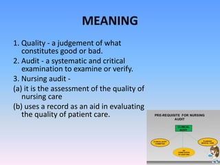 MEANING
1. Quality - a judgement of what
constitutes good or bad.
2. Audit - a systematic and critical
examination to examine or verify.
3. Nursing audit -
(a) it is the assessment of the quality of
nursing care
(b) uses a record as an aid in evaluating
the quality of patient care.
 