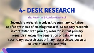 4- DESK RESEARCH
Also known as Secondary Research
Secondary research involves the summary, collation
and/or synthesis of existing research. Secondary research
is contrasted with primary research in that primary
research involves the generation of data, whereas
secondary research uses primary research sources as a
source of data for analysis
 