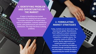 1. IDENTIFYING PROBLEM
AND OPPORTUNITIES IN
THE MARKET
It helps in identifying new market
opportunities for existing and new products.
It provides information on market share,
nature of competition, customer satisfaction
levels, sales performances and channel of
distribution. This helps the firms is solving
problems.
2. FORMULATING
MARKET STRATEGIES
Today, markets are no more local. They
have become global. Manufactures
find it difficult to contact customers
and control distribution channels.
Competition is equally severe. The
consumer needs are difficult to
predict. Market segmentation is a
compli­
cated task in such wide
markets. The marketing intelligence
provided through marketing research
not only helps in framing but also in
implementing the market strategies.
 