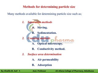 Methods for determining particle size
Many methods available for determining particle size such as;
1. Separation methods
A. Sieving.
B. Sedimentation.
2. Counting methods
A. Optical microscopy.
B. Conductivity method.
3. Surface area determination
A. Air permeability
B. Adsorption
By; Khalifa M. Asif Y. Asst. Professor Ali-Allana College of Pharmacy, Akkalkuwa
 