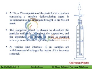 Andreasen Pipette
 A 1% or 2% suspension of the particles in a medium
containing a suitable deflocculating agent is
introduced into the vessel and brought to the 550-ml
mark.
 The stoppered vessel is shaken to distribute the
particles uniformly throughout the suspension, and
the apparatus, with pipette in place, is clamped
securely in a constant-temperature bath.
 At various time intervals, 10 ml samples are
withdrawn and discharged by means of the two-way
stopcock.
By; Khalifa M. Asif Y. Asst. Professor Ali-Allana College of Pharmacy, Akkalkuwa
 