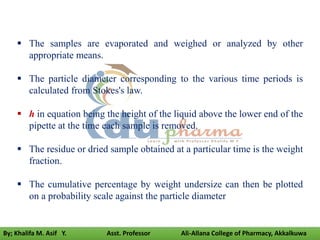  The samples are evaporated and weighed or analyzed by other
appropriate means.
 The particle diameter corresponding to the various time periods is
calculated from Stokes's law.
 h in equation being the height of the liquid above the lower end of the
pipette at the time each sample is removed.
 The residue or dried sample obtained at a particular time is the weight
fraction.
 The cumulative percentage by weight undersize can then be plotted
on a probability scale against the particle diameter
By; Khalifa M. Asif Y. Asst. Professor Ali-Allana College of Pharmacy, Akkalkuwa
 