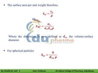 𝑺𝒘 =
𝟔
𝒅𝒗𝒔 𝝆
𝑺𝒘 =
𝒔𝒗
𝝆
 The surface area per unit weight therefore,
Or
Sw =
𝜶𝒔
𝜶𝒗𝒅𝒗𝒔𝝆
Where the dimension is now defined as 𝒅𝒗𝒔 the volume-surface
diameter.
 For spherical particles
By; Khalifa M. Asif Y. Asst. Professor Ali-Allana College of Pharmacy, Akkalkuwa
 