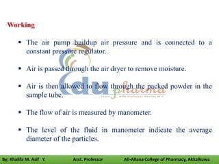 Working
 The air pump buildup air pressure and is connected to a
constant pressure regulator.
 Air is passed through the air dryer to remove moisture.
 Air is then allowed to flow through the packed powder in the
sample tube.
 The flow of air is measured by manometer.
 The level of the fluid in manometer indicate the average
diameter of the particles.
By; Khalifa M. Asif Y. Asst. Professor Ali-Allana College of Pharmacy, Akkalkuwa
 
