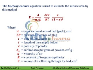 The Koezeny-carman equation is used to estimate the surface area by
this method
𝑽 =
𝑨
𝜼 𝒔𝒘
𝟐
∆𝑷𝒕
𝑲𝒍
𝜺
(𝟏 − 𝜺)𝟐
Where,
A = cross sectional area of bed (pack), cm2
∆𝑷 = pressure difference of plug
t = time of flow, seconds
l = length of the sample holder
𝜺 = porosity of powder
Sw = surface area per gram of powder, cm2
/g
𝜼 = viscosity of air
K = a constant of irregular capillaries
V = volume of air flowing through the bed, cm3
By; Khalifa M. Asif Y. Asst. Professor Ali-Allana College of Pharmacy, Akkalkuwa
 