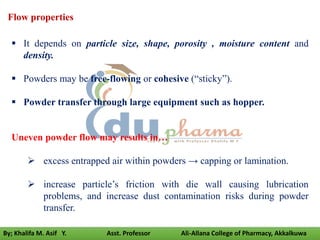 Flow properties
 It depends on particle size, shape, porosity , moisture content and
density.
 Powders may be free-flowing or cohesive (“sticky”).
 Powder transfer through large equipment such as hopper.
Uneven powder flow may results in…
 excess entrapped air within powders → capping or lamination.
 increase particle’s friction with die wall causing lubrication
problems, and increase dust contamination risks during powder
transfer.
By; Khalifa M. Asif Y. Asst. Professor Ali-Allana College of Pharmacy, Akkalkuwa
 
