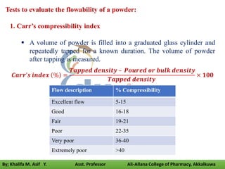 Tests to evaluate the flowability of a powder:
1. Carr’s compressibility index
 A volume of powder is filled into a graduated glass cylinder and
repeatedly tapped for a known duration. The volume of powder
after tapping is measured.
𝑪𝒂𝒓𝒓’𝒔 𝒊𝒏𝒅𝒆𝒙 % =
𝑻𝒂𝒑𝒑𝒆𝒅 𝒅𝒆𝒏𝒔𝒊𝒕𝒚 – 𝑷𝒐𝒖𝒓𝒆𝒅 𝒐𝒓 𝒃𝒖𝒍𝒌 𝒅𝒆𝒏𝒔𝒊𝒕𝒚
𝑻𝒂𝒑𝒑𝒆𝒅 𝒅𝒆𝒏𝒔𝒊𝒕𝒚
× 𝟏𝟎𝟎
Flow description % Compressibility
Excellent flow 5-15
Good 16-18
Fair 19-21
Poor 22-35
Very poor 36-40
Extremely poor >40
By; Khalifa M. Asif Y. Asst. Professor Ali-Allana College of Pharmacy, Akkalkuwa
 