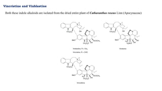 Vincristine and Vinblastine
Both these indole alkaloids are isolated from the dried entire plant of Catharanthus roseus Linn (Apocynaceae)
 