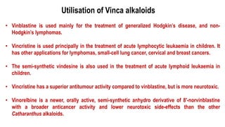• Vinblastine is used mainly for the treatment of generalized Hodgkin’s disease, and non-
Hodgkin’s lymphomas.
• Vincristine is used principally in the treatment of acute lymphocytic leukaemia in children. It
has other applications for lymphomas, small-cell lung cancer, cervical and breast cancers.
• The semi-synthetic vindesine is also used in the treatment of acute lymphoid leukaemia in
children.
• Vincristine has a superior antitumour activity compared to vinblastine, but is more neurotoxic.
• Vinorelbine is a newer, orally active, semi-synthetic anhydro derivative of 8′-norvinblastine
with a broader anticancer activity and lower neurotoxic side-effects than the other
Catharanthus alkaloids.
Utilisation of Vinca alkaloids
 