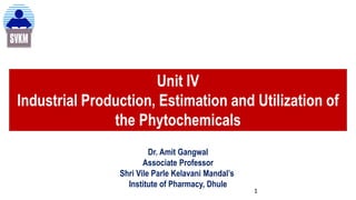 Unit IV
Industrial Production, Estimation and Utilization of
the Phytochemicals
Dr. Amit Gangwal
Associate Professor
Shri Vile Parle Kelavani Mandal’s
Institute of Pharmacy, Dhule
1
 