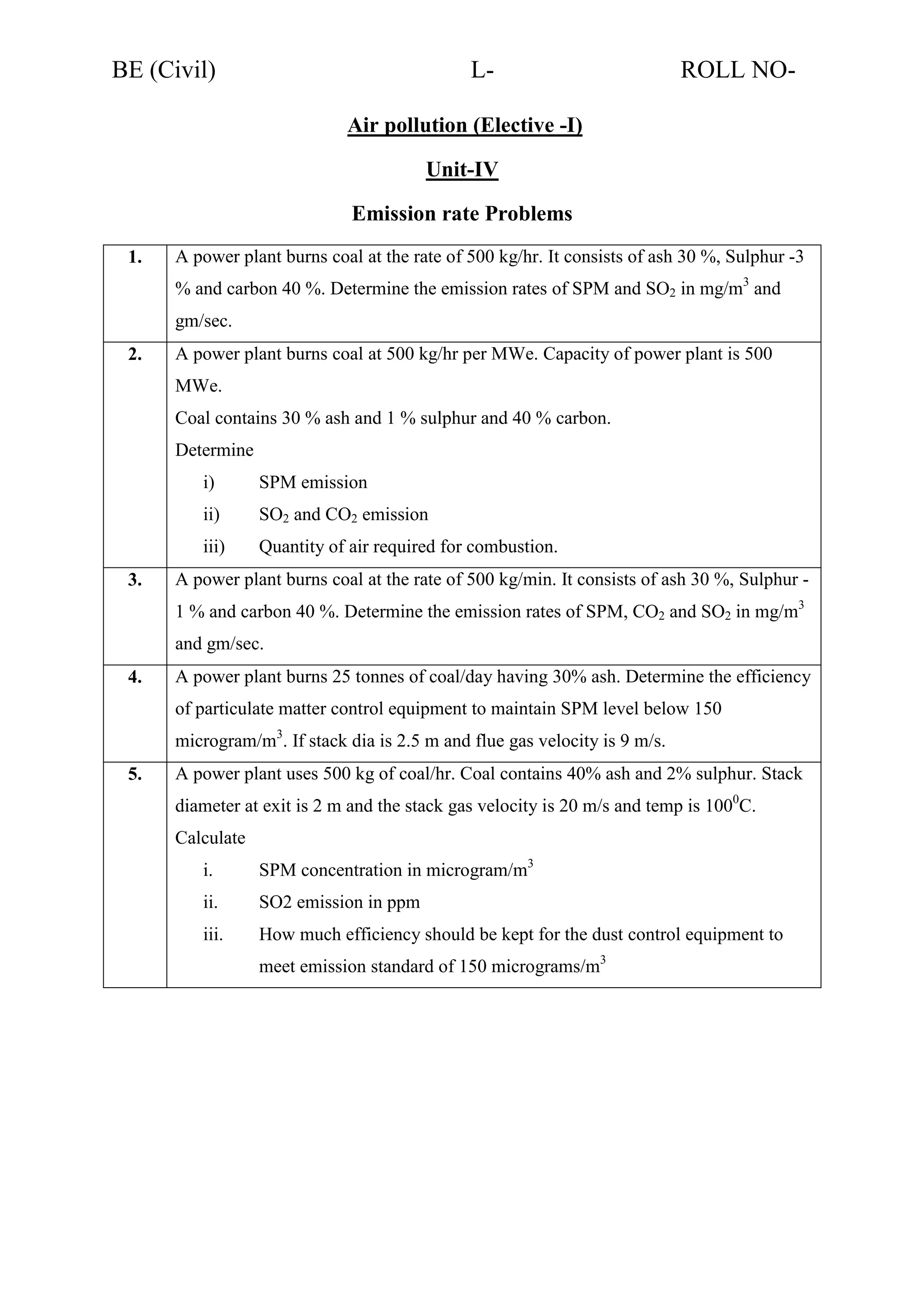 BE (Civil)

L-

ROLL NO-

Air pollution (Elective -I)
Unit-IV
Emission rate Problems
1.

A power plant burns coal at the rate of 500 kg/hr. It consists of ash 30 %, Sulphur -3
% and carbon 40 %. Determine the emission rates of SPM and SO2 in mg/m3 and
gm/sec.

2.

A power plant burns coal at 500 kg/hr per MWe. Capacity of power plant is 500
MWe.
Coal contains 30 % ash and 1 % sulphur and 40 % carbon.
Determine
i)
ii)

SO2 and CO2 emission

iii)
3.

SPM emission

Quantity of air required for combustion.

A power plant burns coal at the rate of 500 kg/min. It consists of ash 30 %, Sulphur 1 % and carbon 40 %. Determine the emission rates of SPM, CO2 and SO2 in mg/m3
and gm/sec.

4.

A power plant burns 25 tonnes of coal/day having 30% ash. Determine the efficiency
of particulate matter control equipment to maintain SPM level below 150
microgram/m3. If stack dia is 2.5 m and flue gas velocity is 9 m/s.

5.

A power plant uses 500 kg of coal/hr. Coal contains 40% ash and 2% sulphur. Stack
diameter at exit is 2 m and the stack gas velocity is 20 m/s and temp is 1000C.
Calculate
i.

SPM concentration in microgram/m3

ii.

SO2 emission in ppm

iii.

How much efficiency should be kept for the dust control equipment to
meet emission standard of 150 micrograms/m3

 