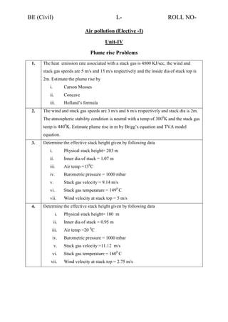 AIR POLLUTION CONTROL Unit iv problem set | PDF