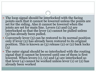 The loop signal should be interlocked with the facing points such that it cannot be lowered unless the points are set for the siding. Also it cannot be lowered when the joints are set for main line. Levers (2) and (3) are interlocked so that the lever (2) cannot be pulled unless (3) has already been pulled. 
Conversely lever (3) can be restored to its normal position only if lever (2) has already been restored to its original position. This is known as (3) release (2) or (2) back locks (3) 
The outer signal should be so interlocked with the routing signal that it cannot be lowered until one of them is first lowered. When levers (1), (2) and (4) are interlocked so that lever (4) cannot be worked unless lever (1) or (2) has already been worked  