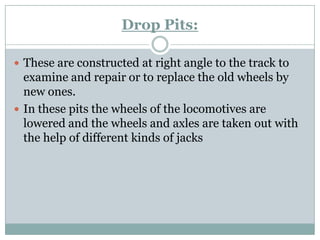Drop Pits: 
These are constructed at right angle to the track to examine and repair or to replace the old wheels by new ones. 
In these pits the wheels of the locomotives are lowered and the wheels and axles are taken out with the help of different kinds of jacks  