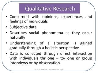 • Concerned with opinions, experiences and
feelings of individuals
• Subjective data
• Describes social phenomena as they occur
naturally
• Understanding of a situation is gained
gradually through a holistic perspective
• Data is collected through direct interaction
with individuals thr one – to- one or group
interviews or by observation
Qualitative Research
NILOFAR LOLADIYA: UNIT IV Research Types 15
 