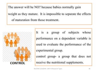 The answer will be NO? because babies normally gain
weight as they mature. It is impossible to separate the effects
of maturation from those treatment.
NILOFAR LOLADIYA: UNIT IV Research Types 38
It is a group of subjects whose
performance on a dependent variable is
used to evaluate the performance of the
experimental group.
control group- a group that does not
receive the nutritional supplements.
 